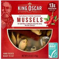 King Oscar, Natūraliai medienoje rūkytos midijos ypač tyrame alyvuogių aliejuje su čili, 120 g