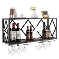 Sieninis vyno butelių laikiklis 39 buteliams ir 12 taurių 100x25,4x45,7 cm kaimiškos rudos/juodos spalvos