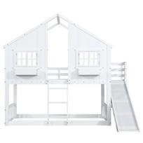 Vaikiška dviaukštė lova 90×200 cm, balta, iš pušies ir MDF, su čiuožykla, stogeliu, langais, turėklais ir kopėčiomis