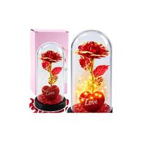 Amžinoji rožė kupole su LED apšvietimu, širdelėmis ir karoliukais, 21x11 cm, raudona