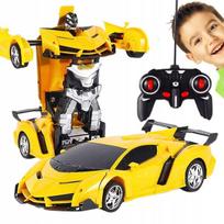 Nuotoliniu būdu valdomas automobilis robotas 2in1 geltonas su transformacija, driftu, LED šviesomis ir garso efektais