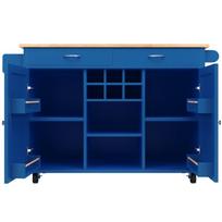 Mėlyna virtuvės sala 102x45x92 cm su ratukais lentynomis vyno laikikliu ir stalčiais virtuvei ir valgomajam kambariui