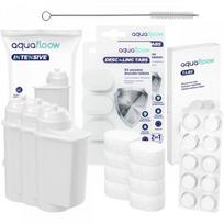 „AquaFloow“ rinkinys „Siemens“ kavos aparatui: 3 vnt. vandens filtrų + valymo ir riebalų šalinimo tabletės + 2 vnt. kalkių šalinimo tabletės + valymo šepetėlis.