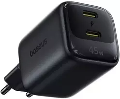 Baseus Sieninis įkroviklis EnerFill FE22 45W 2xUSB-C QC PD su USB-C kabeliu 1m, juodas