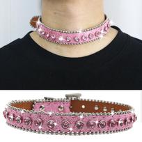 New Gothic Punk Rhinestone Choker - Y2K Rivet Leather Necklace for Women rožinė