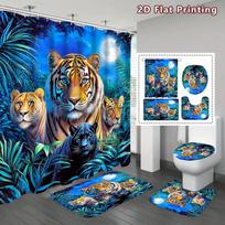 4Pcs Tigers In Jungle Shower Curtain Set with Non-Slip Bath Mat, Toilet Lid Cover, Contour Rug & 12 Hooks, Bathroom Decor 4PCS-Full Set blue