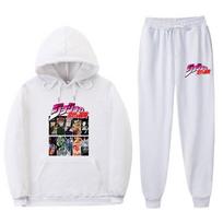 Men Women Casual Sport Hoodie Set JoJos Bizarre Adventure Printed Pullover Sweatshirt Slim Fit Jogger Pants XXXL white