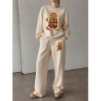 Women's Christmas Print Crewneck & Wide-Leg Pants 2-Piece Set. Soft, chic long-sleeve loungewear & athleisure for fall/winter. 5XL abrikosas