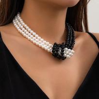 Wind retro splicing small fragrant wind knotted multi-layer imitation pearl necklace female French beaded collarbone chain choker See details brown