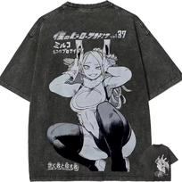 2026 Summer Anime MHA Washed Oversized T-shirt, Mirko Black White Manga Double Sided Print Casual Street Tee For Teen Men Women 140 gray
