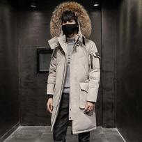 Žieminė vidutinio ilgio pūkinė striukė, vienspalvė vyriška, paprastos tendencijos, laisvalaikio kailinė apykaklė su gobtuvu, šildanti medvilninė striukė XL gray