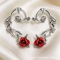 Vintage Rose Vine Ear Cuff Wrap Earring, No‑Piercing Gothic Red Rose Ear Clip for Single Ear sidabras