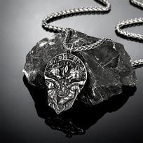 Norse Mythology Odin's Symbols Wolf Raven Necklaces Men Vintage Viking Runes Stainless Steel Celtic Crow Pendant Futhark Jewelry 60CM gray
