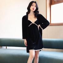 Seksualus nėriniuotas kimono chalatas rudens ir žiemos velvetinis moteriškas vestuvinis pižamų komplektas pižama laisvas velvetinis namų drabužis 2XL black