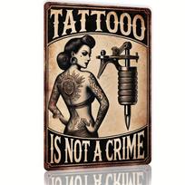 Tatuiruočių Metalinis Sienos Menas Ženklas  Tatuiruotė Nėra Nusikaltimas Retro Skardos Dekoras su Sudėtingu Tatuiruočių Dizainu Puikiai Tinka Barams Kavinėms Bea 20x30cm（7.8x11.8inch） beige