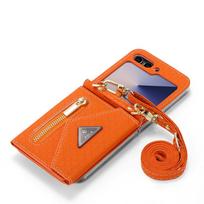 Madingas dirželis Odinė piniginė Telefono dėklas Samsung Galaxy Z Flip 7 Flip 6 5 Zflip 4 3 Kortelėms Crossbody Apsauginis dangtelis For Galaxy Z Flip 3 oranžinė