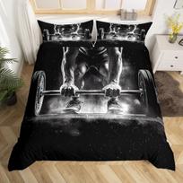 Weightlifting Duvet Cover Set Twin Queen, Barbell Fitness Theme Bedding Set, Gym Equipment Fitness Sports Games Comforter Cover 140*200cm/55x79in Single/Twin 3pcs