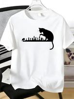Mens Tee Cat And Mouse Playing Chess Silhouette Graphic Print Cotton Short Sleeve Male Casual S M white