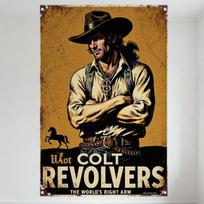 Vintage Hot Colt Revolvers 'The World's Right Arm' Metal Tin Sign Western Cowboy Horse Poster Wall Decor for Bar Man Cave Home C 20x30cm（7.8x11.8inch） black
