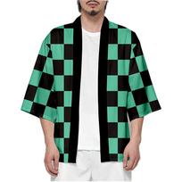 Anime Character Kamade Zezeko Pink Women's Kimono Cardigan Summer Kamado Tanjirou Green Black Checkered Men Japanese Haori Coat M black