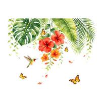 Tropical Hawaiian Wall Sticker, Green Palm Leaves Hibiscus Flower Butterflies Peel And Stick Wall Decal for Bedroom Living Room beige