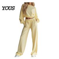 Warm Winter Loungewear for Women Women's 2 Piece Lounge Sweatsuit Sets, Long Sleeve Pullover Top Versatile Street Style Sets And Wide Leg Pants S šviesiai geltonos spalvos
