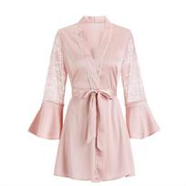 Flare Sleeve Robe Short Kimono Gown Sexy Lace Sleeve Bathrobe Satin Sleepwear Women Bathrobe Onesize rožinė