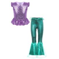 Merginų 2 dalių undinėlės kostiumas Blizgučiai Trumpomis rankovėmis Užtrauktukas Peplum viršus Elastingas juosmuo Ruffles Plačios kelnės Rinkinys 11-12 Years blue