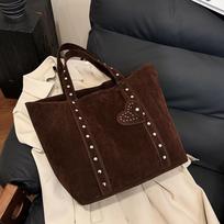 Nubuck Leather Tote Bags Lady Shoulder Bag for Women Winter New Fashion Retro Rivent Handbags and Purses KTY 33x14x32cm black