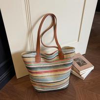 New Rainbow Woven Simple Tote Bag Large Capacity Casual Minimalist Shoulder Bag for Women Straw Woven Beach Vacati Bag
