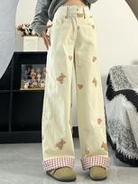 2026 Spring Little Bear Embroidered Pink Plaid Straight-Leg Jeans for Women - Slimming, Loose Fit Medium gray