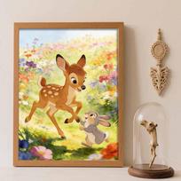 Disney Diamond Art Painting Kit 5D Bambi Flower Diamond Painting Dot Art Kit Home Wall Decor Round 50x70cm beige