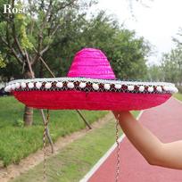 Decorations Wedding Costume Halloween Cosplay Hat Mexican Pompom Hat Show Straw Wear Straw Hat ryškiai rožinė