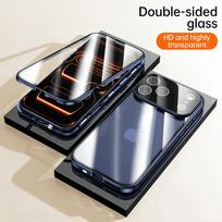 360 Aliuminio Metalo Dvipusis Stiklinis Užsegamas Dėklas iPhone 17 16 15 14 13 12 11 Pro Max Plus Pilna Objektyvo Apsauga Telefonui For iPhone 17 Pro Max tamsiai mėlyna spalva