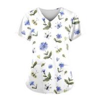 Moterims Chirurginiai chalatai Madingi Gėlių rašto Vasaros Laisvalaikio V formos iškirpte Trumpomis rankovėmis T-shirt Lengvas Dantų Gyvūnų Veterinarinis Klinikos Uniforma Moteris XXS white