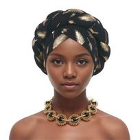 Fashion African Lady Head Wraps Muslim Headscarf Bonnet Turbante Mujer Feather Gold Stamping Braids Turban Cap For Women brown