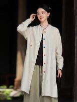 Women's Retro Stand-Up Collar Color Block Frog Button Cardigan - Sandwashed Cotton Linen One Size white