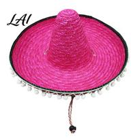 Casual Daily Hat Mexican Sombrero with Colorful Poms Hawaiian Style Woven Straw Sun Hat Wide Brim Lightweight Summer Beach Party Costume for Travel rožinė raudona spalva