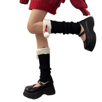 Women Y2K Leg Cover Socks Furry Trim Plush Ball Bow Christmas Knitted Leg Warmer raudona