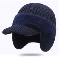 Winter Ear-Flap Cotton Beanie Hat Warm Knitted Caps Thickened Bomber Hats for Women Men Fall Autumn Outdoor Headwear Accessories tamsiai mėlyna spalva