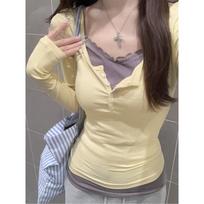 Small goose yellow lace splicing long-sleeved top women's early spring slim-fit fake two-piece contrasting bottoming shirt XL geltona