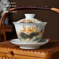 Traditional Chinese Gaiwan Sancai Teacup Pot with Lid Ceramic Tea Tureen Porcelain Tea Cup with Gold Trim Teaware Teapots Set gray