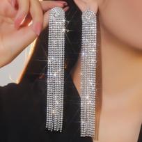 Shiny rhinestone long fringed earrings brown