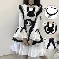 Vintage Black White Gothic Lolita Maid Dress Women's Japanese Cute Kawaii Flare Sleeve Sets Girls Halloween Cosplay Costumes XL gray