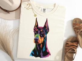 Doberman Pinscher Portrait Shirt, Colorful Dog Tee, Vibrant Pet Lover TShirt, Rainbow Doberman 140 white