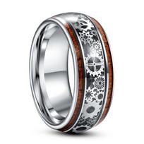 Fashion Steampunk Gear Wheel Stainless Steel Rings Inlay Koa Wood Rings For Men High Polished Hiphop Punk Rock Biker Jewelry 11 gray