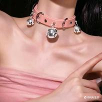 Fetish Choker Necklace with Bell and Leash for Women Adjustable Black Collar flesh pink bell collar beige