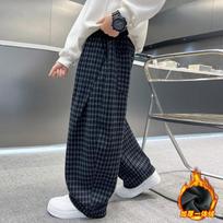 Boy S Winter Casual Fleece Plaid Curved Cut Pants 130cm juoda
