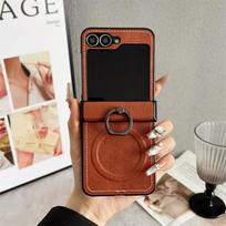 Retro Leather Ring Holder Phone Case for Samsung Galaxy Z Flip 7 6 5 Flip6 Flip5 Flip4 Flip3 5G Magnetic Hinge Protective Cover Galaxy Z Flip7 ruda