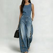 Women's Loose Fit Denim Wide Leg Jumpsuit - Round Neck Sleeveless with 4 Pockets - Casual Fashion Romper S gray